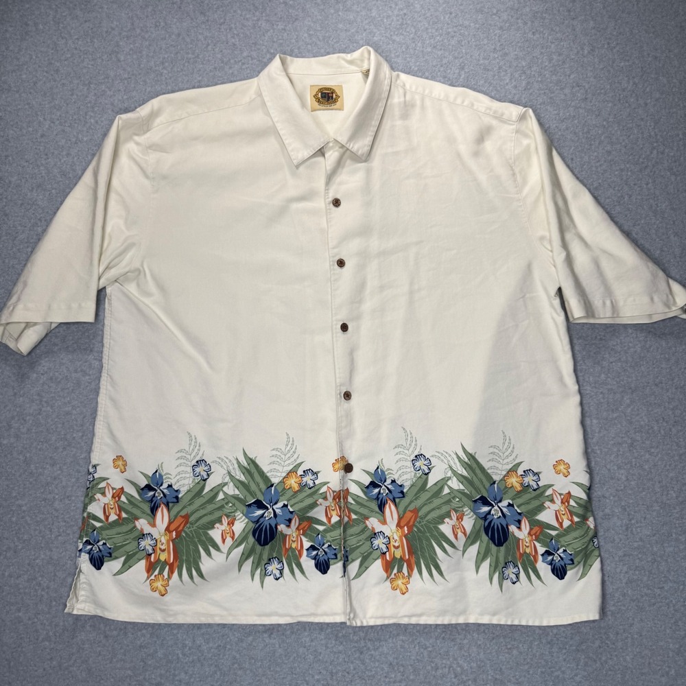 Pussers West Indies Button Front Shirt Mens XL Cream Floral Silk Cotton Blend